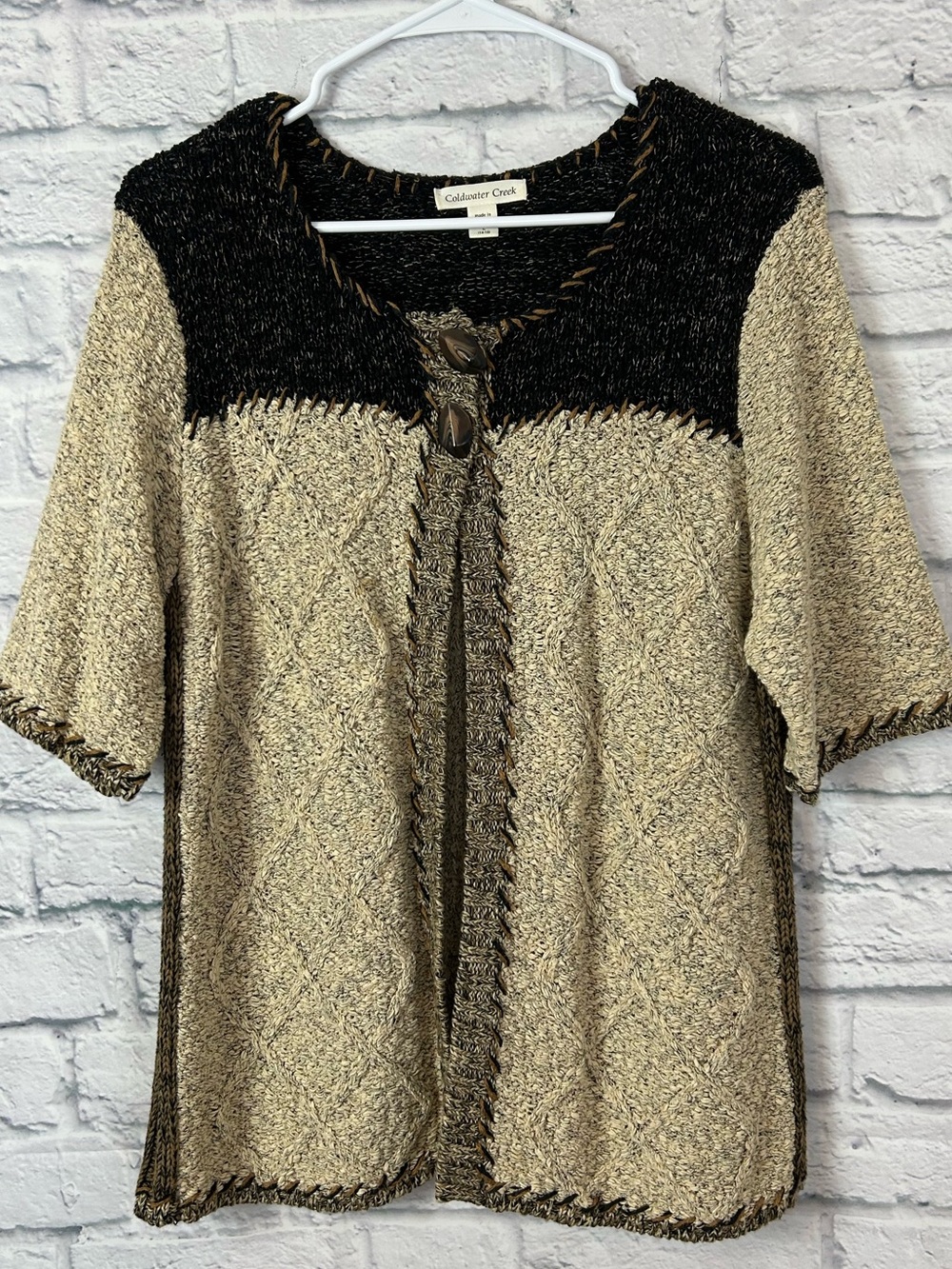Coldwater Creek L 14-16 Textured Knit Cardigan Sweater Boho Toggle Black Tan